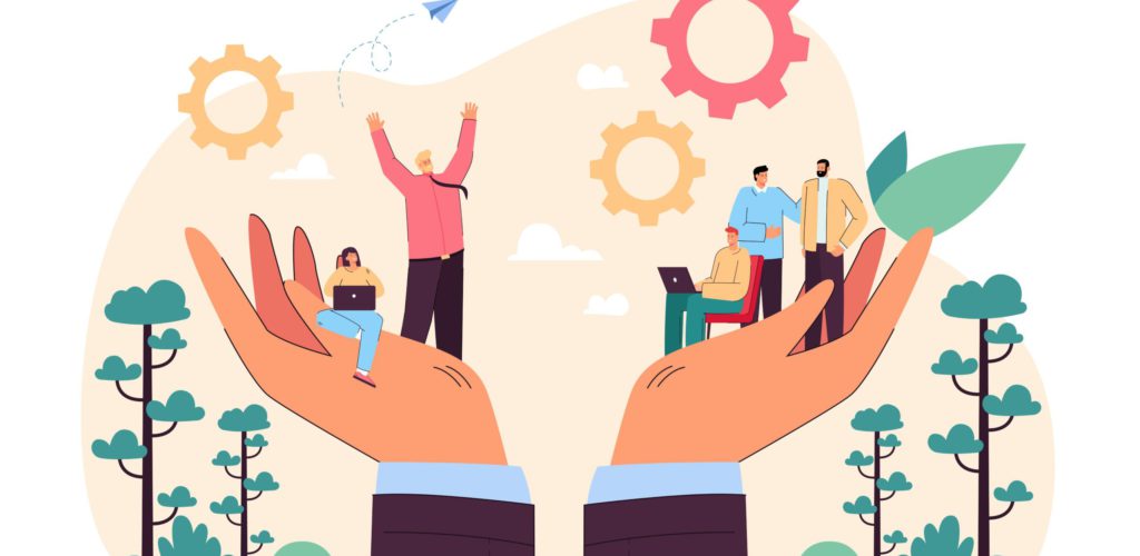 Hands holding team of tiny business persons. Social help or support for workplace community flat vector illustration. Employee care, wellbeing, people management concept for banner, website design